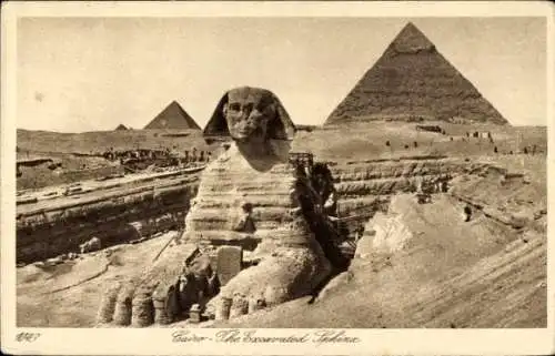 Ak Cairo Kairo Ägypten, The Excavated Sphinx, Pyramids