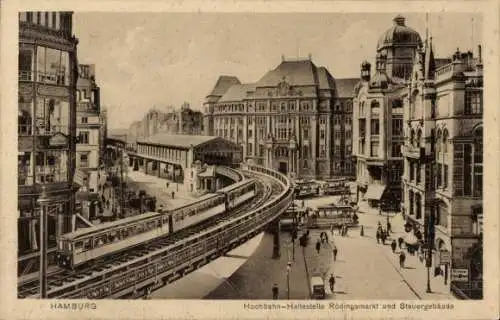 Ak Hamburg Mitte St. Pauli, Helgoländer Allee, Hochbahn-Haltestelle Rödingsmarkt und Steuergeb...