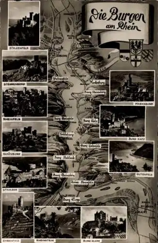 Ak Rheinbrohl am Mittelrhein, Die Burgen am Rhein: Stolzenfels, Marksburg, Sterrenberg, Rheinf...