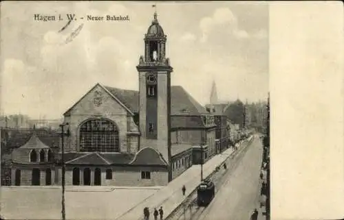 Ak Hagen in Westfalen, Neuer Bahnhof, Straßenbahn