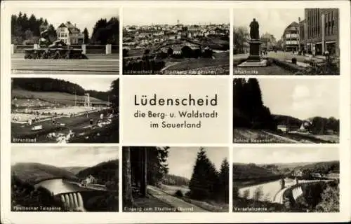 Ak Lüdenscheid im Märkischen Kreis, Ehrenmal, Gesamtansicht, Stadtmitte, Strandbad, Talsperre