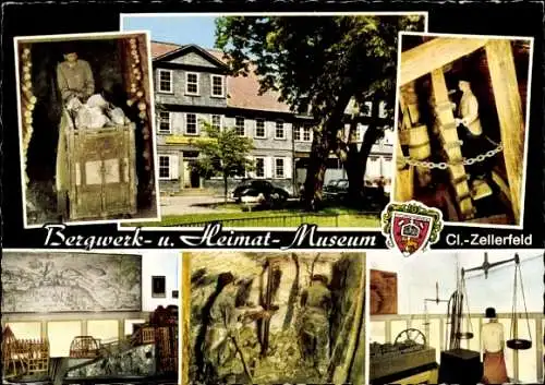 Ak Clausthal Zellerfeld im Oberharz, Bergwerk und Heimatmuseum, Wappen, Ausstellungsstücke