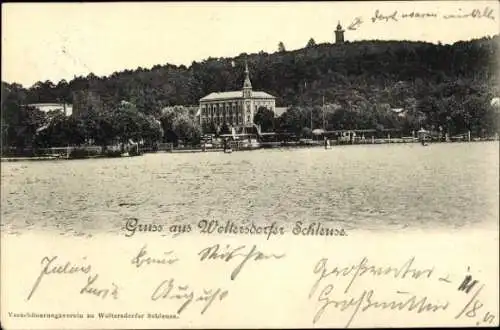 Ak Woltersdorf bei Berlin, Woltersdorfer Schleuse, Uferblick