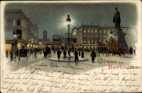 Ak Berlin Mitte, Alexanderplatz, Nacht, Straßenlaterne, Denkmal