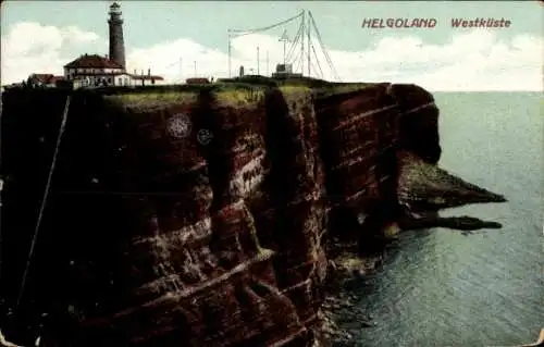 Ak Nordseeinsel Helgoland, Leuchtturm, Gebäude, Antennenmast, Steilküste, Meer