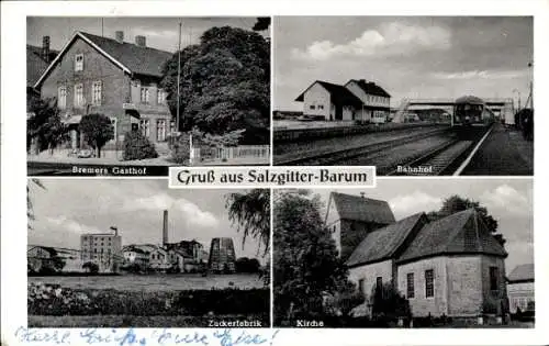 Ak Barum Salzgitter in Niedersachsen, Gasthof Bremers, Bahnhof, Zuckerfabrik, Kirche