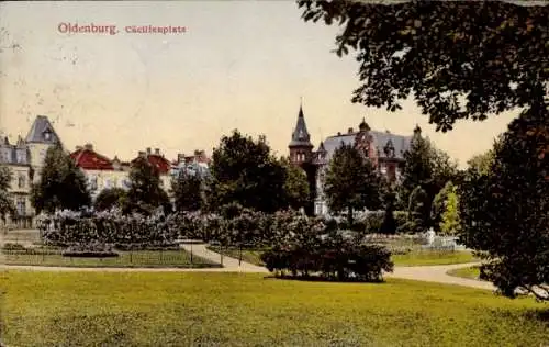 Ak Oldenburg in Oldenburg, Cäcilienplatz mit Gebäuden, Bäumen und Blumenrabatten