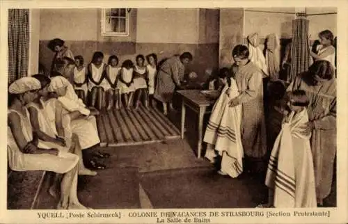 Ak Yquell La Broque Vorbruck Elsass Bas Rhin, Colonie de Vacances de Strasbourg, Salle de Bains