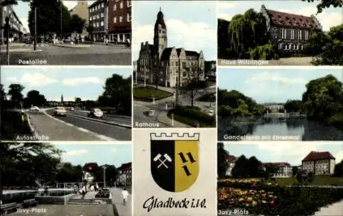 Ak Gladbeck im Ruhrgebiet Westfalen, Wasserschloss Wittringen, Postallee, Rathaus, Haus Wittri...