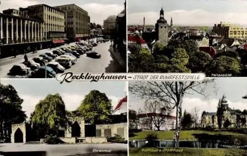 Ak Recklinghausen im Ruhrgebiet, Ehrenmal, Rathaus u. Stadthaus, Teilansicht