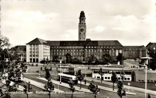 Ak Buer Gelsenkirchen im Ruhrgebiet, Schloss Berge, Rathaus, Autobusbahnhof, Kirchturm