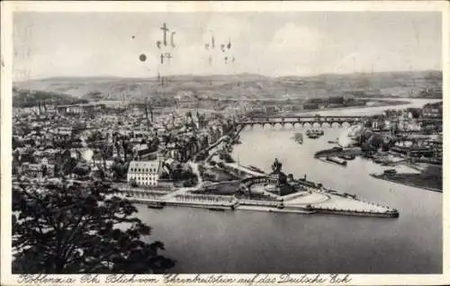 Ak Ehrenbreitstein Koblenz am Rhein, Blick vom Ehrenbreitstein auf das Deutsche Eck