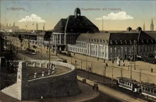 Ak Dortmund im Ruhrgebiet, Dortmund Hauptbahnhof mit Freistuhl.