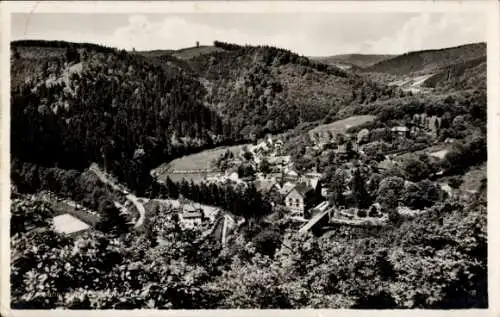 Ak Treseburg Thale im Harz, Schwarzweissfoto einer hügeligen Landschaft mit einem Ort in der M...