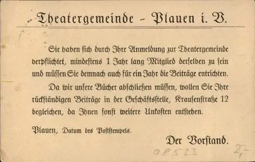 Ak Plauen im Vogtland, Absender: Max Muster, Empfänger: Theatergemeinde  Absendedatum: 29.5.24...