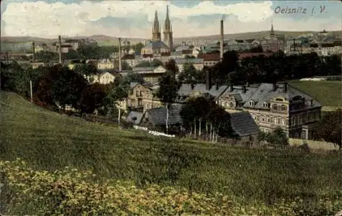 Ak Oelsnitz im Vogtland, Blick auf Oelsnitz im Vogtland mit Kirche, Fabriken und Wohnhäusern