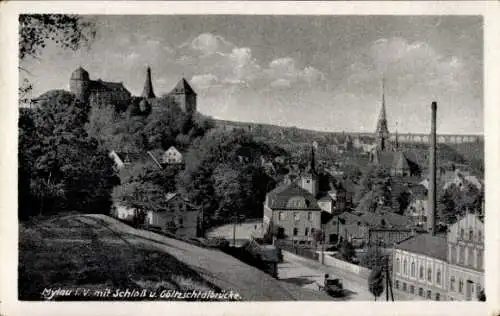 Ak Mylau Reichenbach im Vogtland, Göltzschtalbrücke, Mylau mit Schloss u. Göltzschtalbrücke