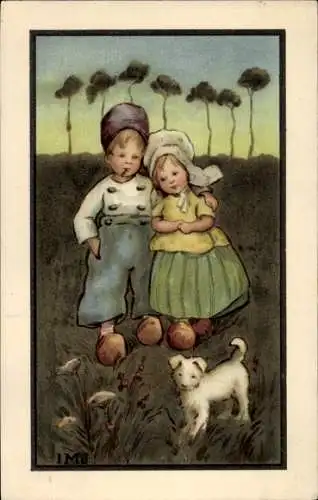 Künstler Litho James, I.M., Frohe Weihnachten, Niederländer, Kinder in Trachten, Hund