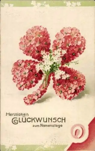 Präge Litho Glückwunsch Geburtstag, Kleeblatt aus roten und weißen Blumen, Blüten