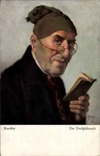 Künstler Ak Kandler, Der Dorfphilosoph, Mütze, Brille, Buch