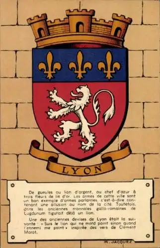 Wappen Ak Jacquez, M., Lyon Rhône, Löwe, Fleur de Lys, Mauerkrone, Stadtwappen