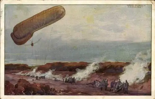 Künstler Ak Schulze, Hans Rudolf, Fesselballon der Deutschen Luftflotte im I. WK, Artillerie