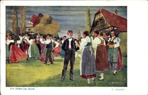 Künstler Ak Spindler, C., Elsaß Lothringen, D'r Hahn im Korb