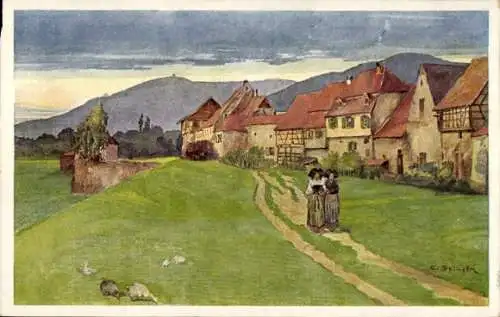 Künstler Ak Spindler, C., Elsaß Lothringen, Sonntagsspaziergang