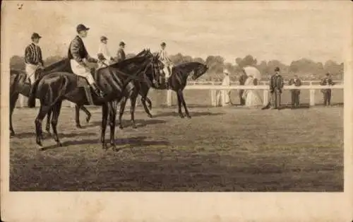 Künstler Ak Pferderennbahn, Jockeys vor dem Start