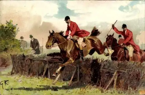 Künstler Litho Männer zu Pferden, Springreiten