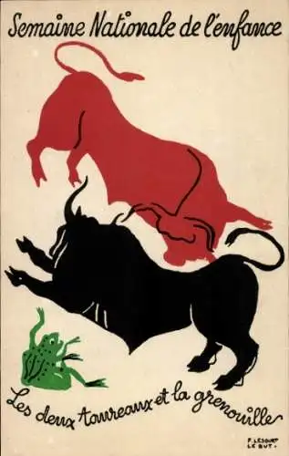 Künstler Ak Lesourt, Die zwei Bullen und der Frosch, Fabel, Nationale Kinderwoche