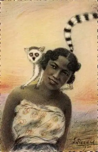 Künstler Ak Madagaskar, Femme au maky, Lemur, Expo Coloniale Internationale de Paris 1931