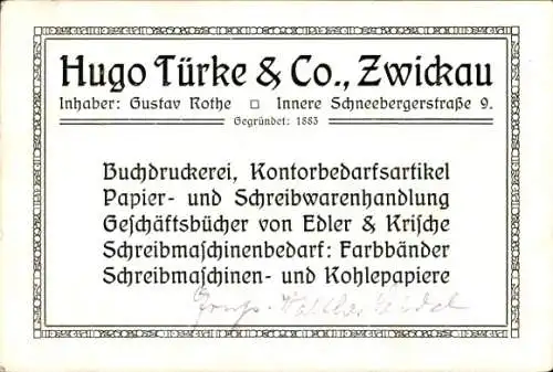 Ak Zwickau in Sachsen, Hugo Türke & Co., Buchdruckerei, Innere Schneebergerstraße 9