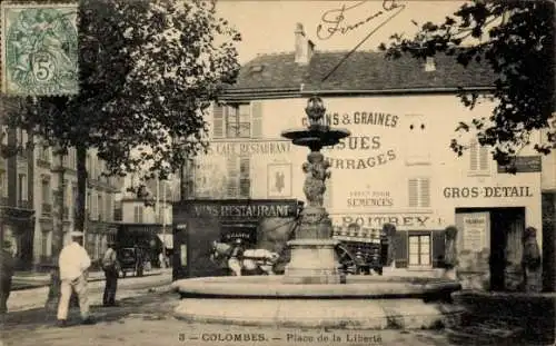 Ak Colombes Hauts de Seine, Place de la Liberté, Brunnen, Geschäfte