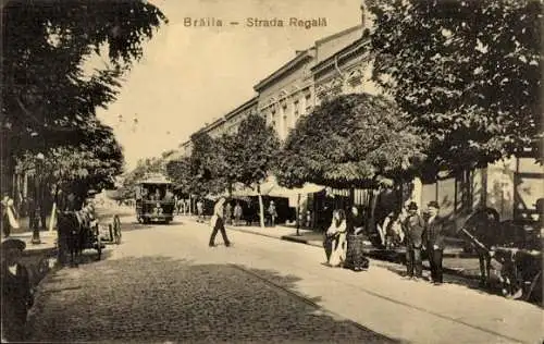 Ak Brăila Rumänien, Strada Regală, Regalstraße, Straßenbahn, Geschäfte