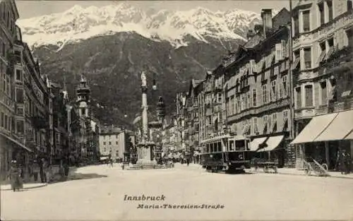 Ak Innsbruck Tirol, Blick in die Maria Theresien Straße, Säulendenkmal, Berge