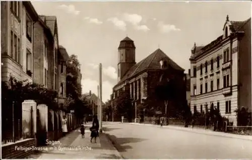 Ak Żagań Sagan Schlesien, Felbiger Straße, Gymnasialkirche.