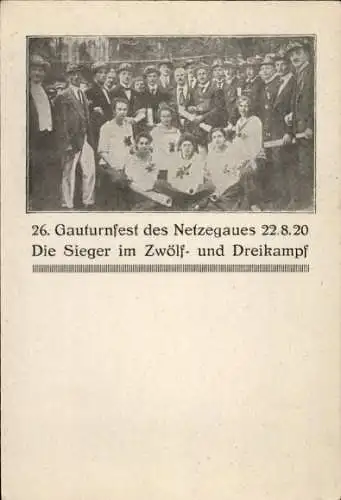 Ak 26. Gauturnfest des Netzegaues 22. August 1920, Sieger im Zwölfkampf und Dreikampf