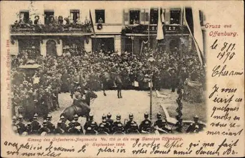 Ak Offenburg in Baden Schwarzwald, Einzug des Infanterie-Regiments Nr. 170 in die Neue Garnison