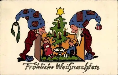 Ak Frohe Weihnachten, Tannenbaum, Zwerge, Puppen