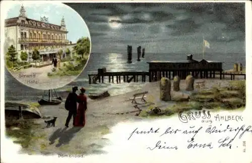 Litho Ostseebad Ahlbeck Heringsdorf auf Usedom, Nachtansicht, Damenbad, Strandhotel