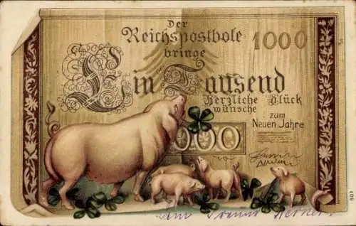 Präge Ak Glückwunsch Neujahr, Kleeblatt, Schweine