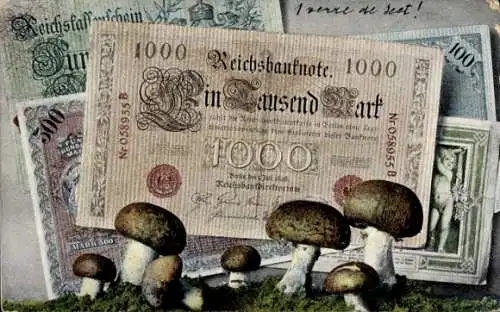 Geldschein Ak Reichsbanknote 1000 Mark, 100 Mark, Pilze