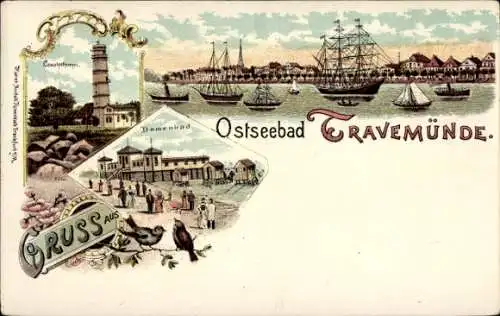 Litho Ostseebad Travemünde Lübeck, Damenbad, Segelschiff, Leuchtturm