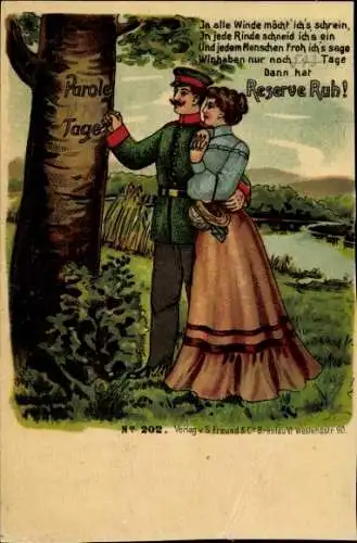 Litho Dienstzeit Reserve, Soldat mit Frau im Arm ritzt verbleibende Tage in Baum
