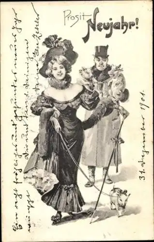 Litho Glückwunsch Neujahr, elegante Dame mit Ferkel