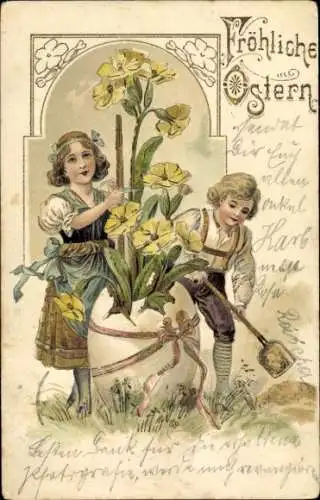 Litho Glückwunsch Ostern, Osterei als Vase, Kinder