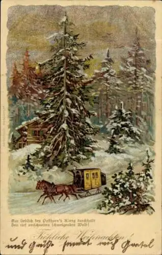 Litho Frohe Weihnachten, Postkutsche