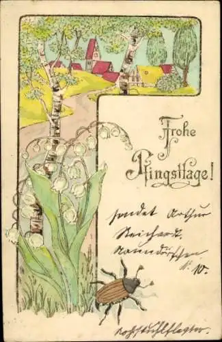 Präge Litho Glückwunsch Pfingsten, Maikäfer, Maiglöckchen