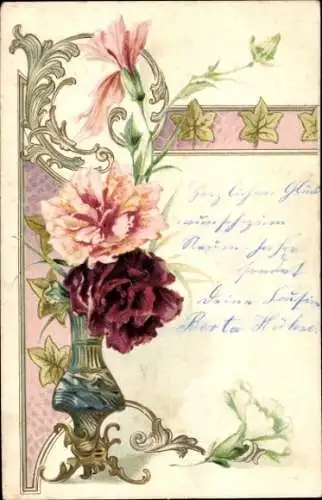Jugendstil Ak Nelken, Blumenvase
